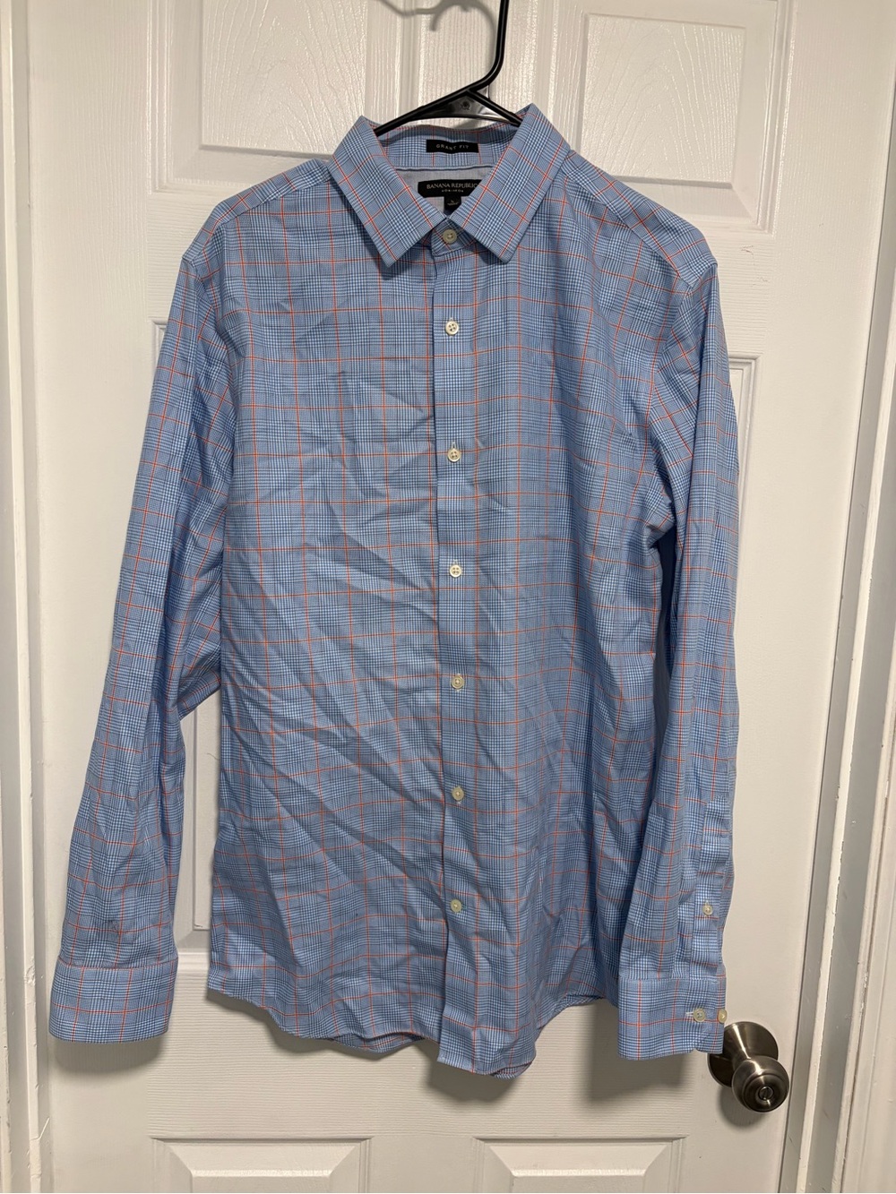Banana Republic Light Blue Plaid Dress Shirt with Orange Accents